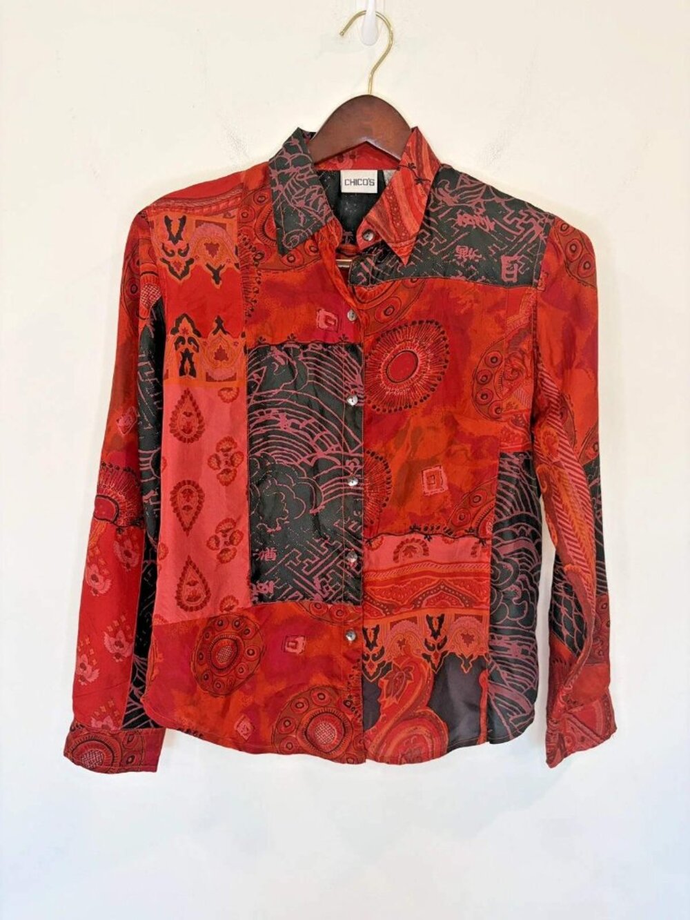 Chicos 100% Silk Button Up Blouse Shirt Sz 1/US M Red Patchwork Embroidered Boho